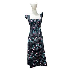 For Love & Lemons Black Polka Dot Floral Rose Midi Dress NWOT Size S